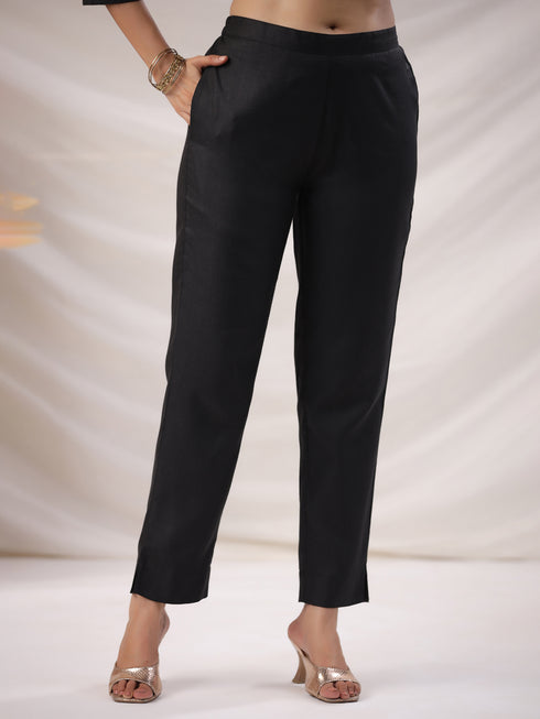 Black Cotton Blend Yoke Embroidered Straight Kurta Set