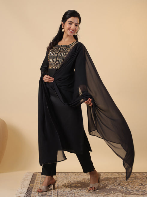 Black Cotton Blend Yoke Embroidery Straight Kurta Set