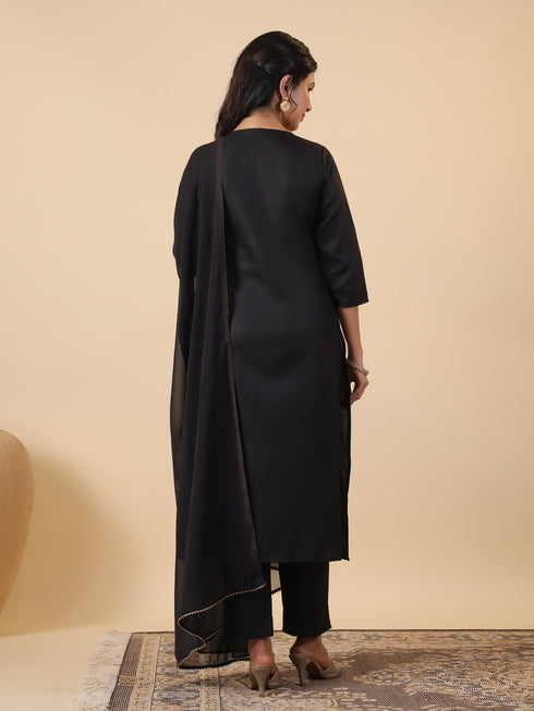 Black Cotton Blend Yoke Embroidery Straight Kurta Set