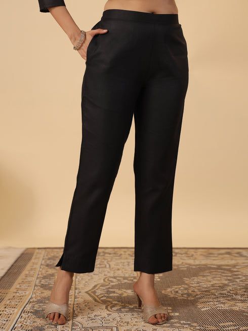 Black Cotton Blend Yoke Embroidery Straight Kurta Set