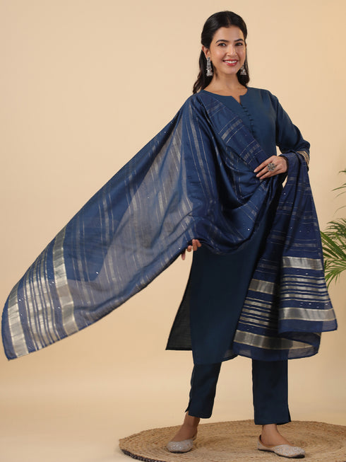 Teal Blue Cotton Blend Solid Straight Kurta Set