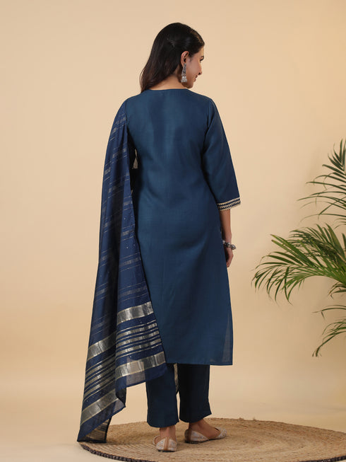 Teal Blue Cotton Blend Solid Straight Kurta Set