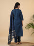 Teal Blue Cotton Blend Solid Straight Kurta Set