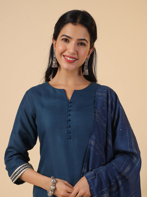 Teal Blue Cotton Blend Solid Straight Kurta Set