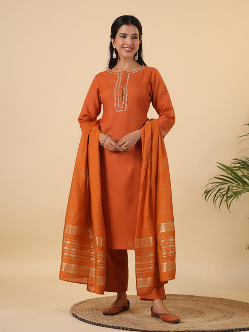 Rust Cotton Blend Yoke Design Straight Kurta Set