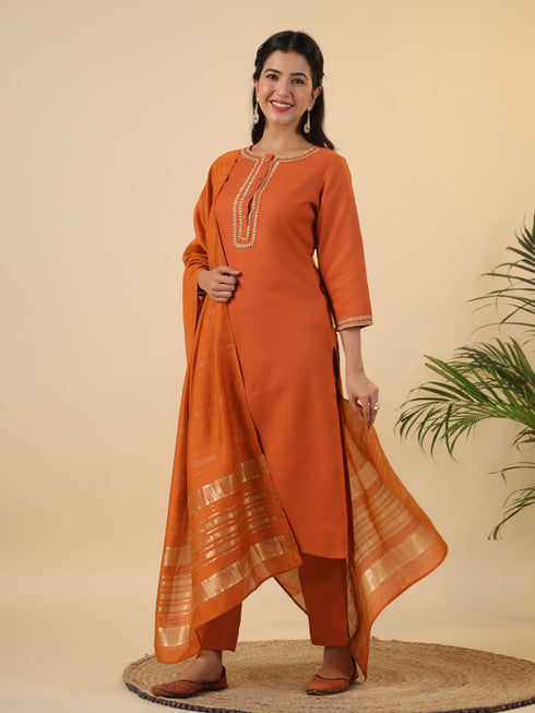 Rust Cotton Blend Yoke Design Straight Kurta Set