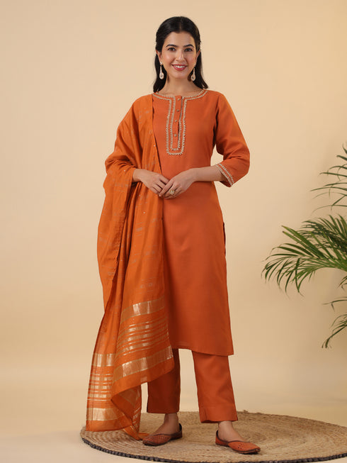 Rust Cotton Blend Yoke Design Straight Kurta Set
