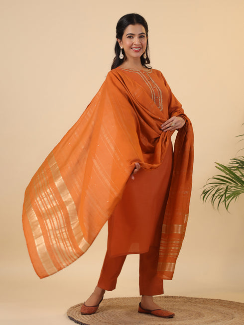 Rust Cotton Blend Yoke Design Straight Kurta Set