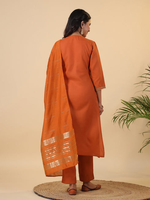 Rust Cotton Blend Yoke Design Straight Kurta Set