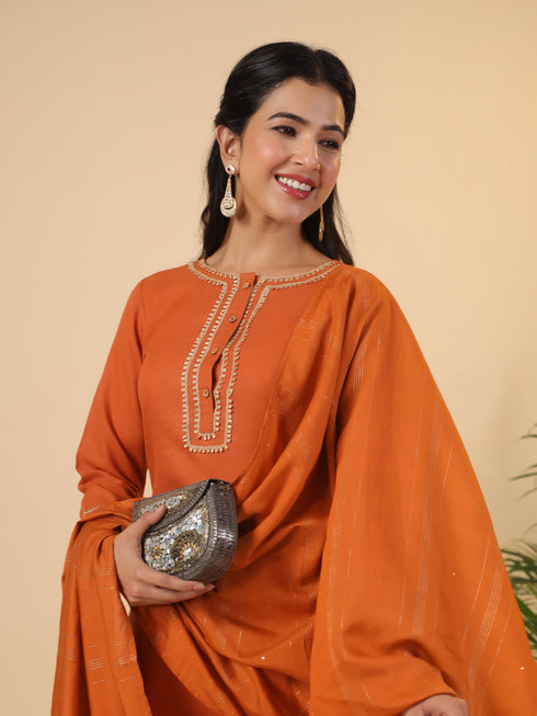 Rust Cotton Blend Yoke Design Straight Kurta Set