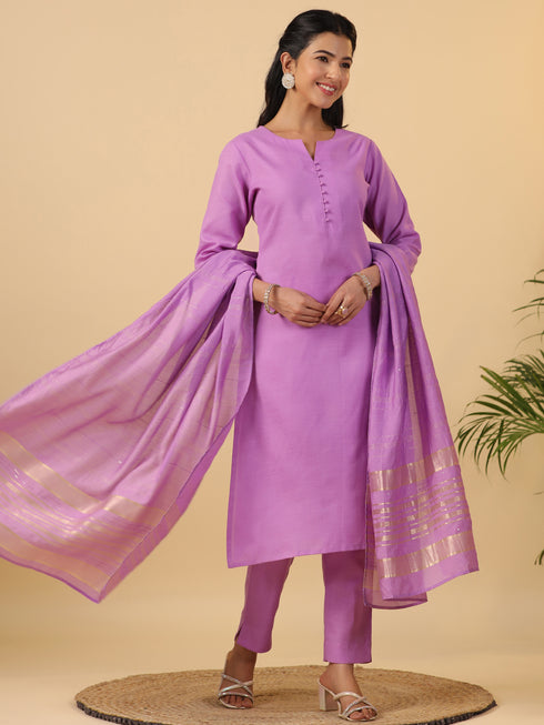 Lavender Cotton Blend Solid Straight Kurta Set