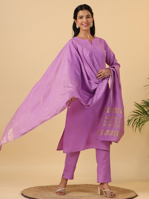 Lavender Cotton Blend Solid Straight Kurta Set