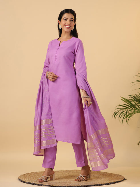 Lavender Cotton Blend Solid Straight Kurta Set