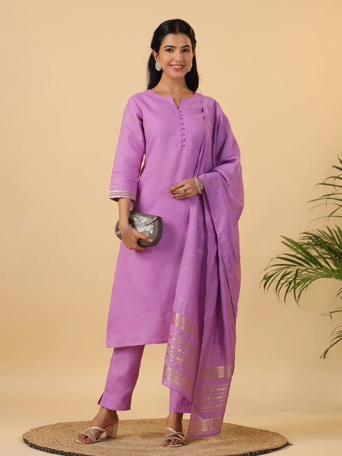 Lavender Cotton Blend Solid Straight Kurta Set