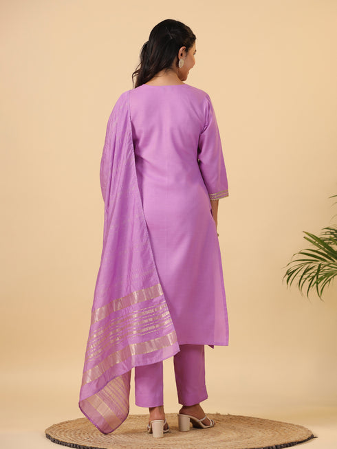 Lavender Cotton Blend Solid Straight Kurta Set
