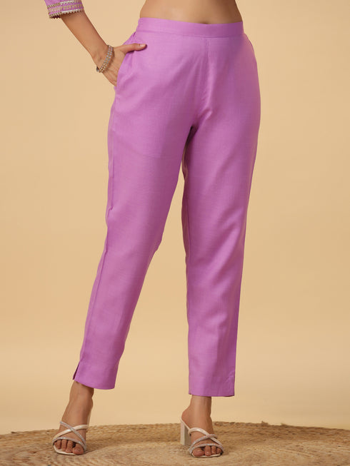 Lavender Cotton Blend Solid Straight Kurta Set