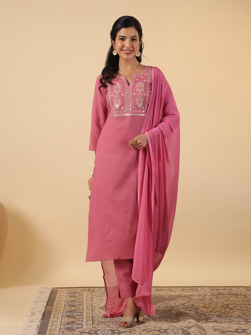 Pink Cotton Blend Yoke Embroidery Straight Kurta Set