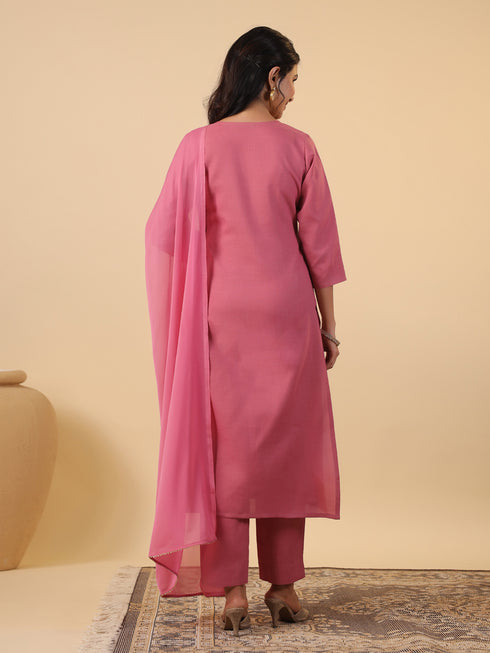 Pink Cotton Blend Yoke Embroidery Straight Kurta Set