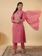 Pink Cotton Blend Yoke Embroidery Straight Kurta Set