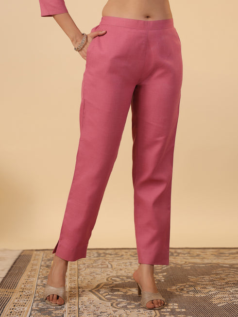 Pink Cotton Blend Yoke Embroidery Straight Kurta Set