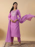 Lavender Cotton Blend Yoke Embroidered Straight Kurta Set