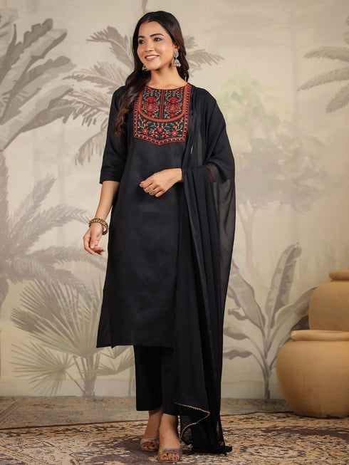 Black Cotton Blend Yoke Embroidered Straight Kurta Set