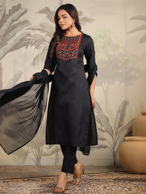 Black Cotton Blend Yoke Embroidered Straight Kurta Set