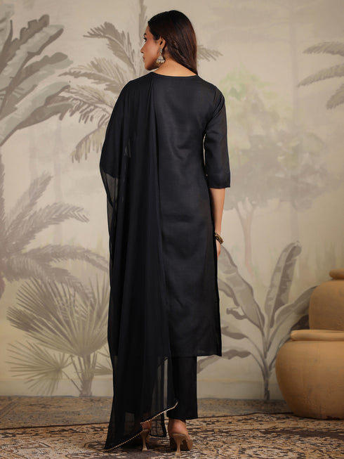 Black Cotton Blend Yoke Embroidered Straight Kurta Set