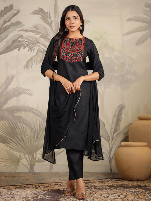 Black Cotton Blend Yoke Embroidered Straight Kurta Set