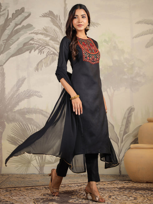 Black Cotton Blend Yoke Embroidered Straight Kurta Set
