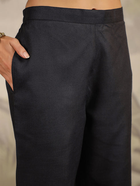 Black Cotton Blend Yoke Embroidered Straight Kurta Set