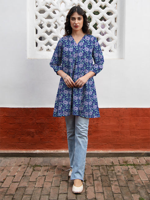 Blue Georgette Floral Printed A-line Tunic