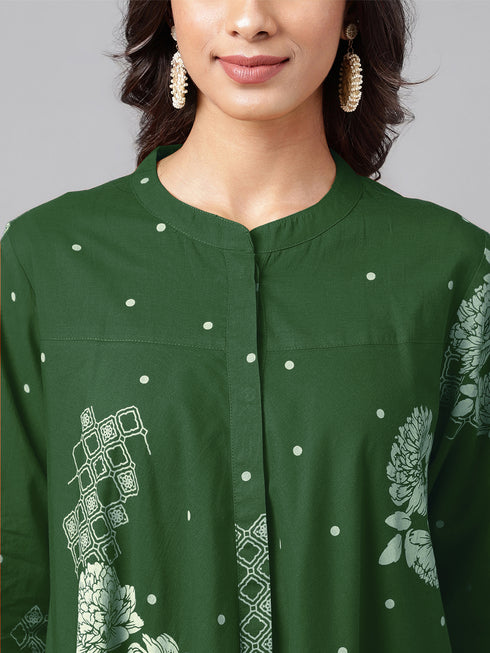 Green Pure Cotton Floral Printed Flared Tunic
