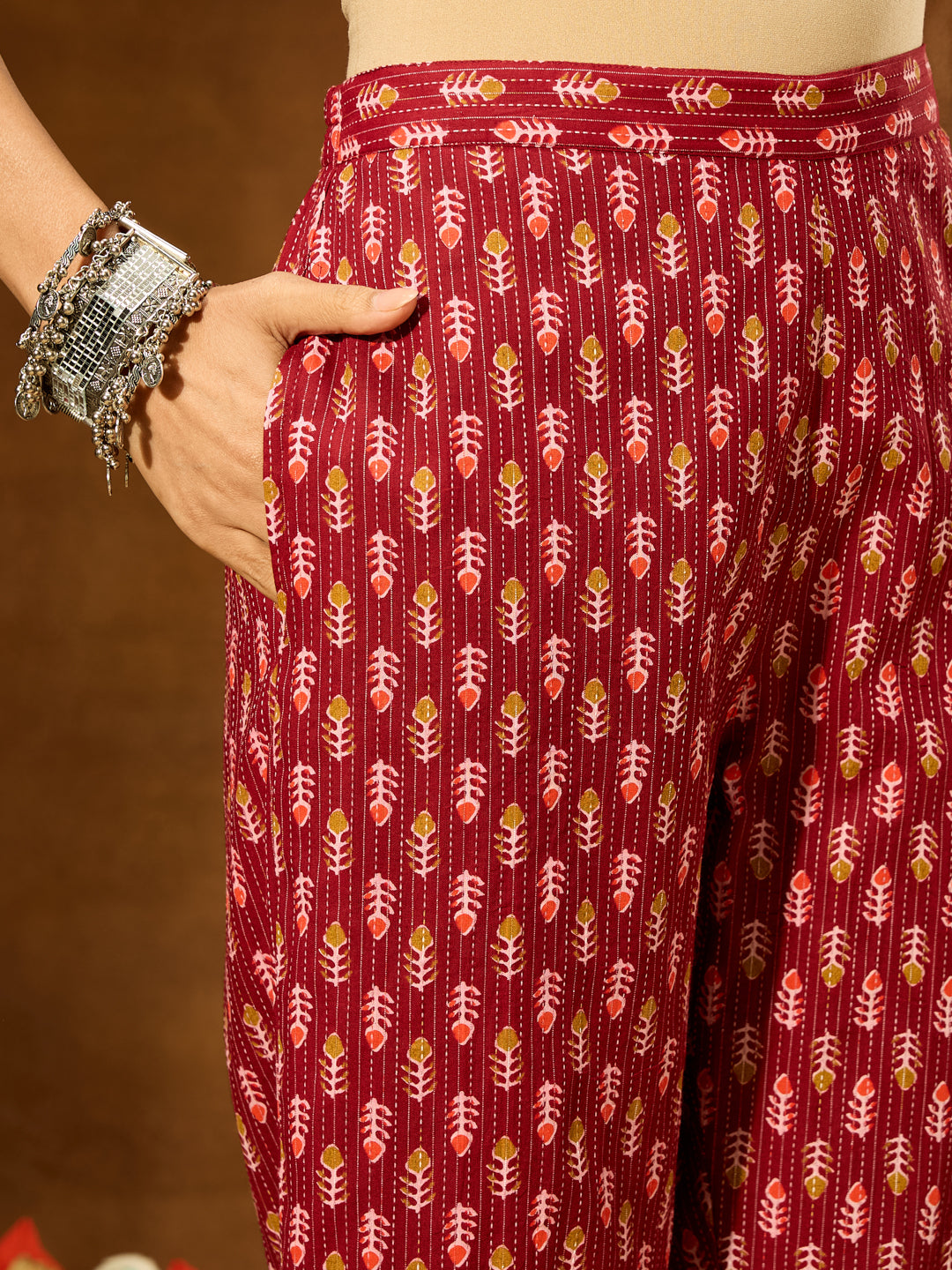 Janasya Women's Maroon Pure Cotton Ethnic Motifs Printed Peplum Co-ord Set