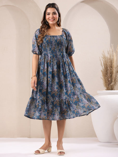 Teal Georgette Floral Printed Tiered Dress