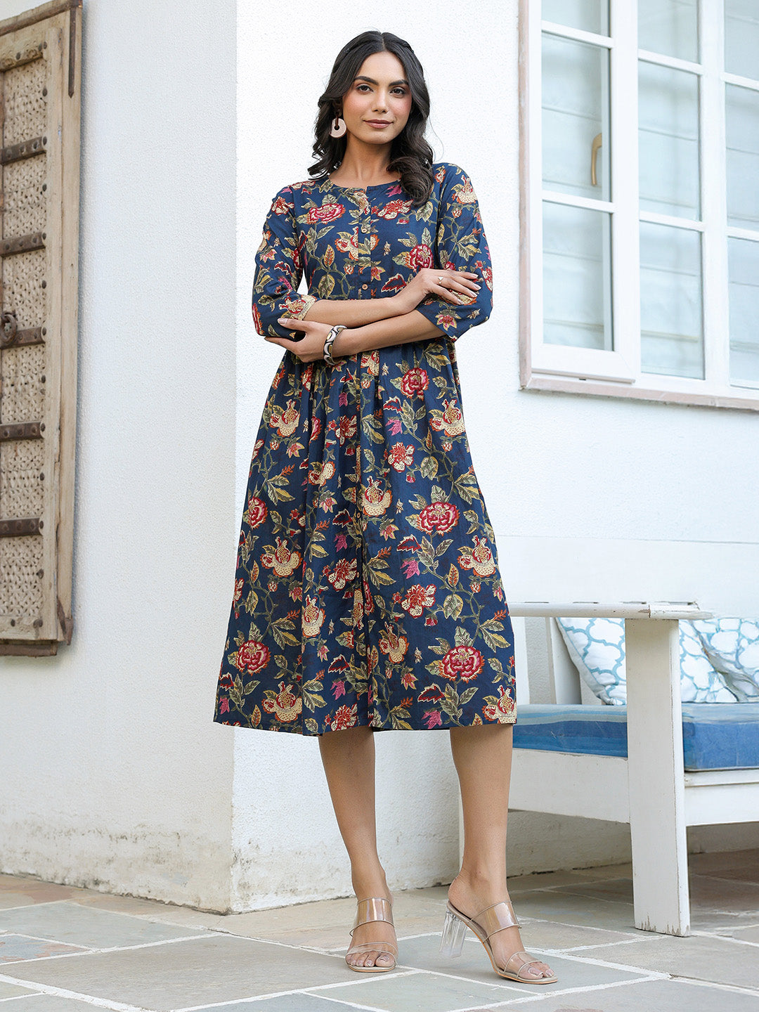 Navy Blue Pure Cotton Floral Printed A-line Dress