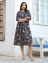 Navy Blue Pure Cotton Floral Printed A-line Dress