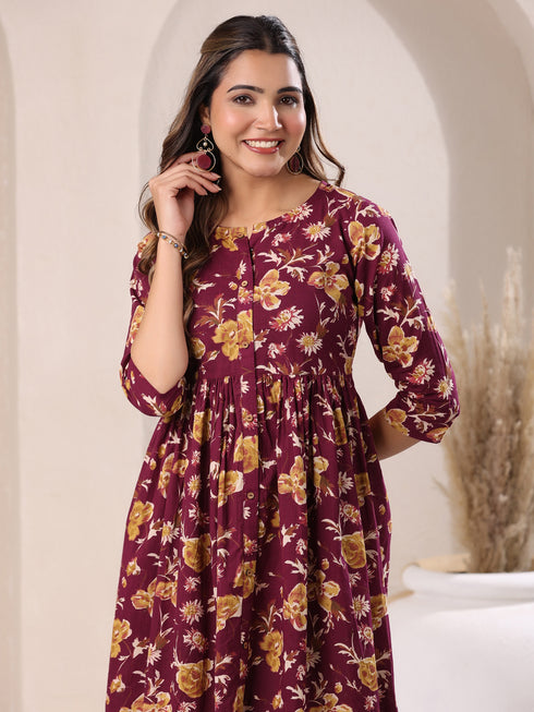 Wine Pure Cotton Floral Printed Gathered Dress