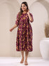 Wine Pure Cotton Floral Printed Gathered Dress