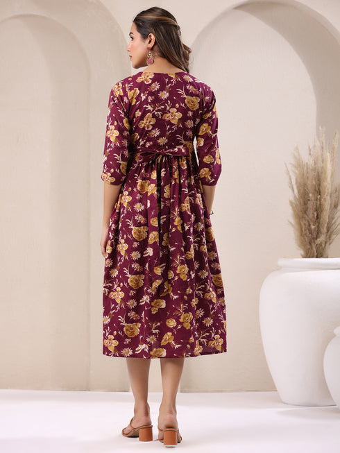Wine Pure Cotton Floral Printed Gathered Dress