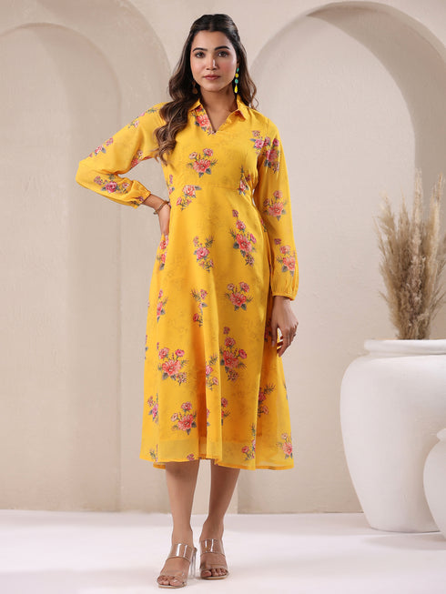 Mustard Georgette Floral Printed A-line Dress