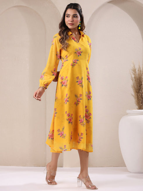 Mustard Georgette Floral Printed A-line Dress