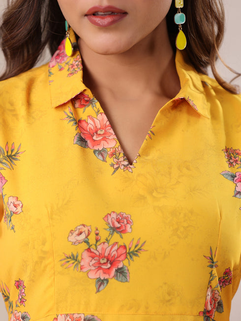 Mustard Georgette Floral Printed A-line Dress