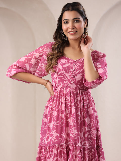 Pink Georgette Floral Printed Tiered Dress