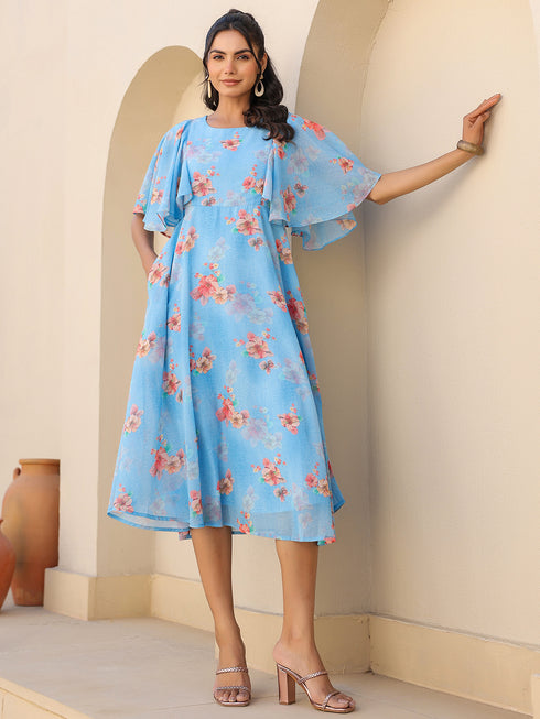 Blue Georgette Floral Printed A-line Dress