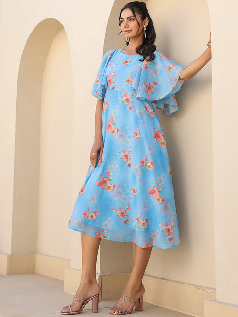 Blue Georgette Floral Printed A-line Dress