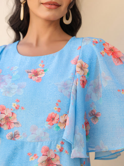 Blue Georgette Floral Printed A-line Dress