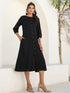 Black Rayon Solid Button Down A-line Dress