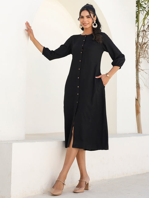 Black Rayon Solid Button Down A-line Dress