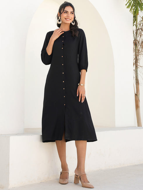 Black Rayon Solid Button Down A-line Dress